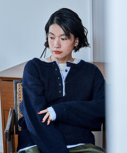 拼色亨利領針織套頭衫