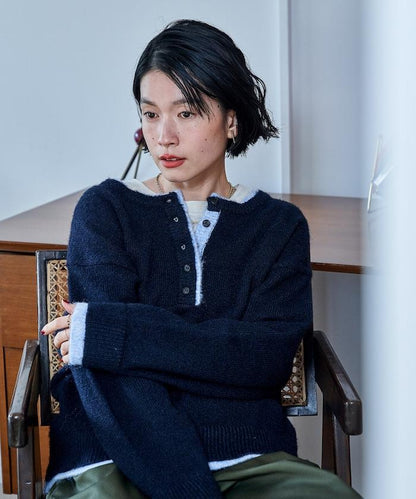 拼色亨利領針織套頭衫