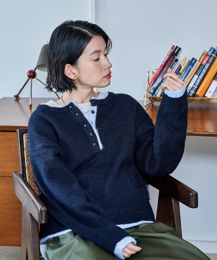 拼色亨利領針織套頭衫