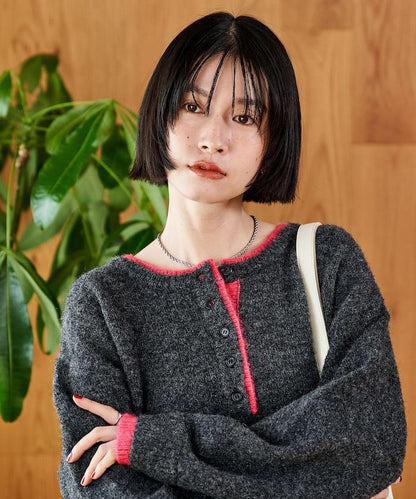 拼色亨利領針織套頭衫