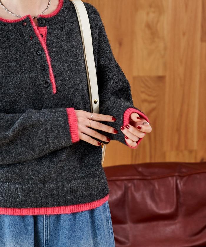 拼色亨利領針織套頭衫