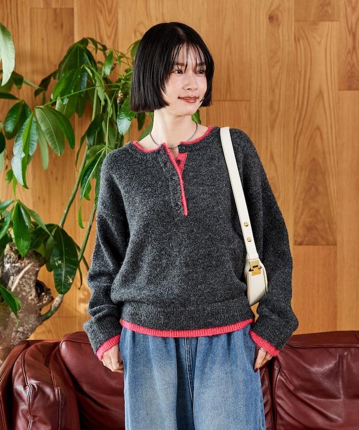 拼色亨利領針織套頭衫