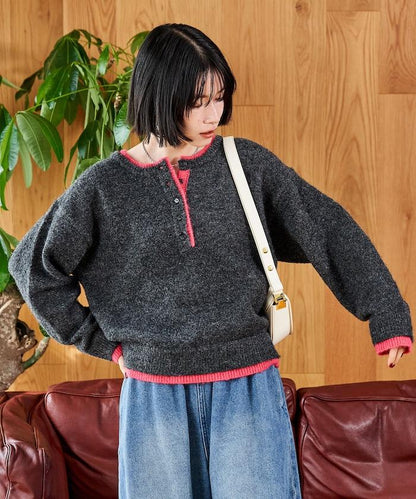 拼色亨利領針織套頭衫