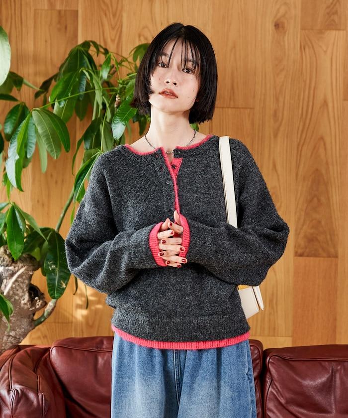 拼色亨利領針織套頭衫