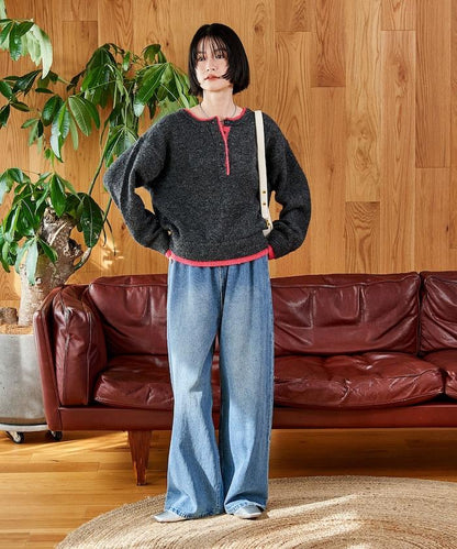 拼色亨利領針織套頭衫