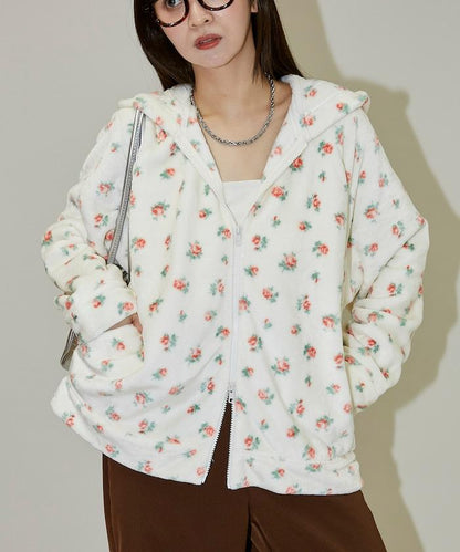 花卉印花抓絨拉鍊開衫