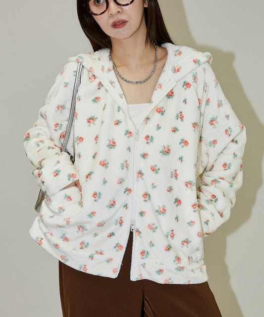 花卉印花抓絨拉鍊開衫