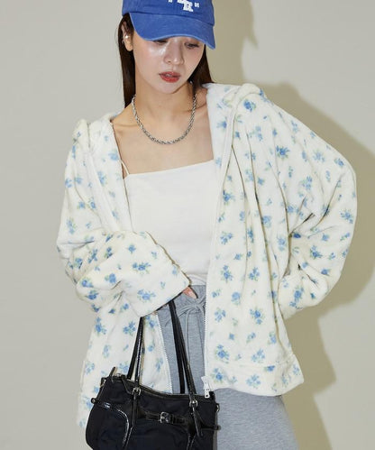 花卉印花抓絨拉鍊開衫