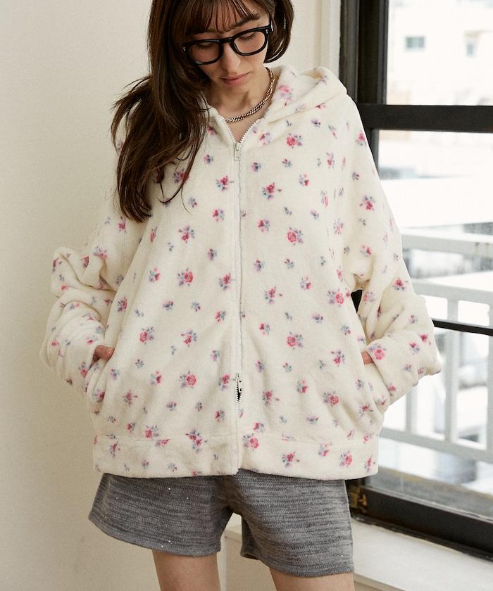 花卉印花抓絨拉鍊開衫