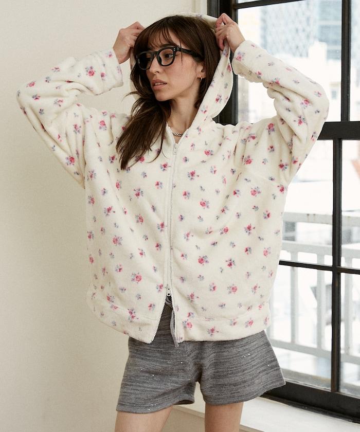 花卉印花抓絨拉鍊開衫