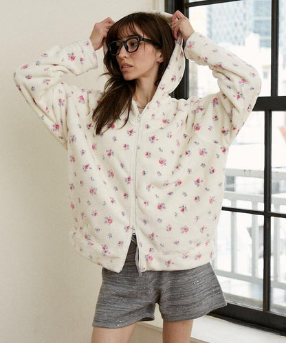 花卉印花抓絨拉鍊開衫