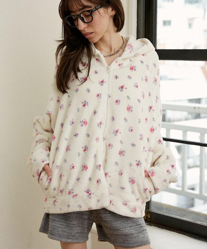 花卉印花抓絨拉鍊開衫