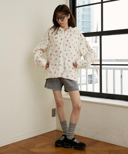 花卉印花抓絨拉鍊開衫