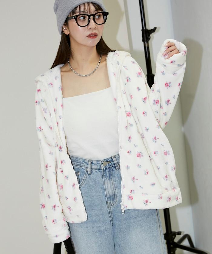 花卉印花抓絨拉鍊開衫