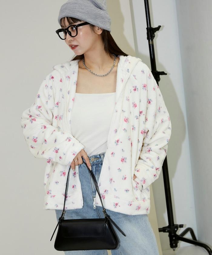 花卉印花抓絨拉鍊開衫