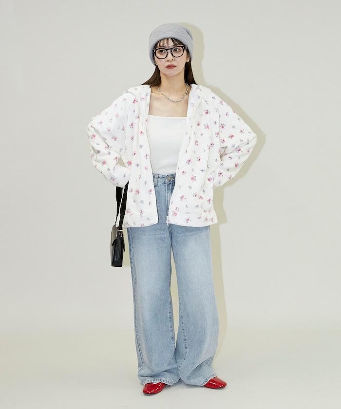 花卉印花抓絨拉鍊開衫