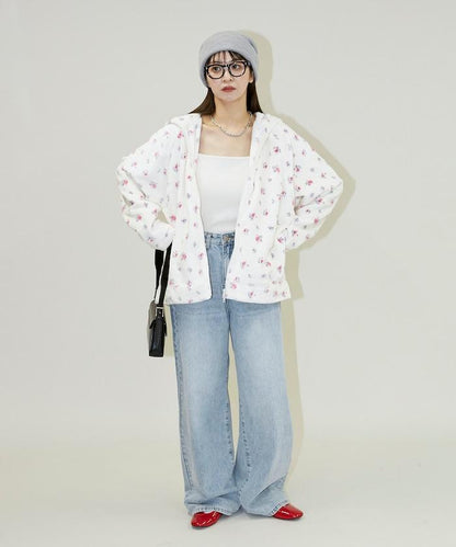 花卉印花抓絨拉鍊開衫