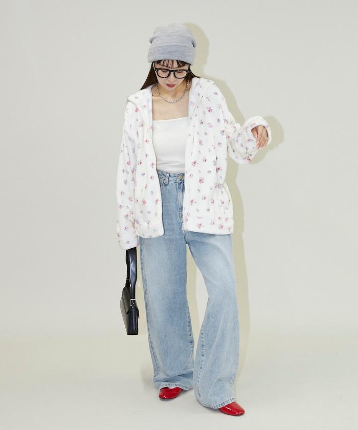 花卉印花抓絨拉鍊開衫