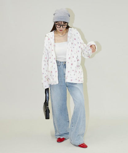 花卉印花抓絨拉鍊開衫