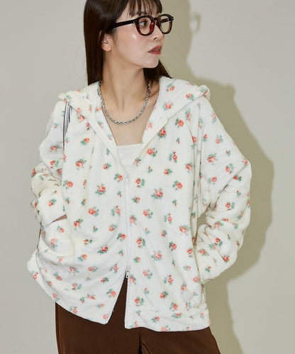 花卉印花抓絨拉鍊開衫