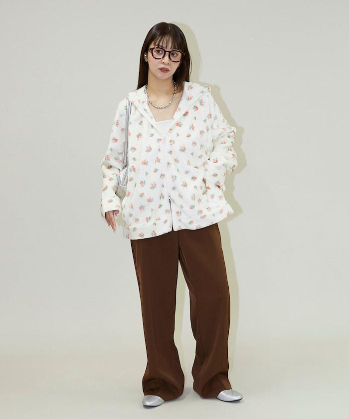 花卉印花抓絨拉鍊開衫