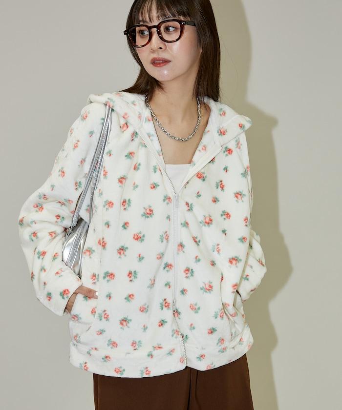 花卉印花抓絨拉鍊開衫