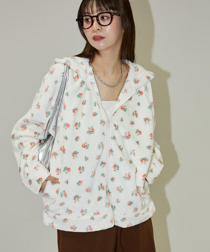 花卉印花抓絨拉鍊開衫