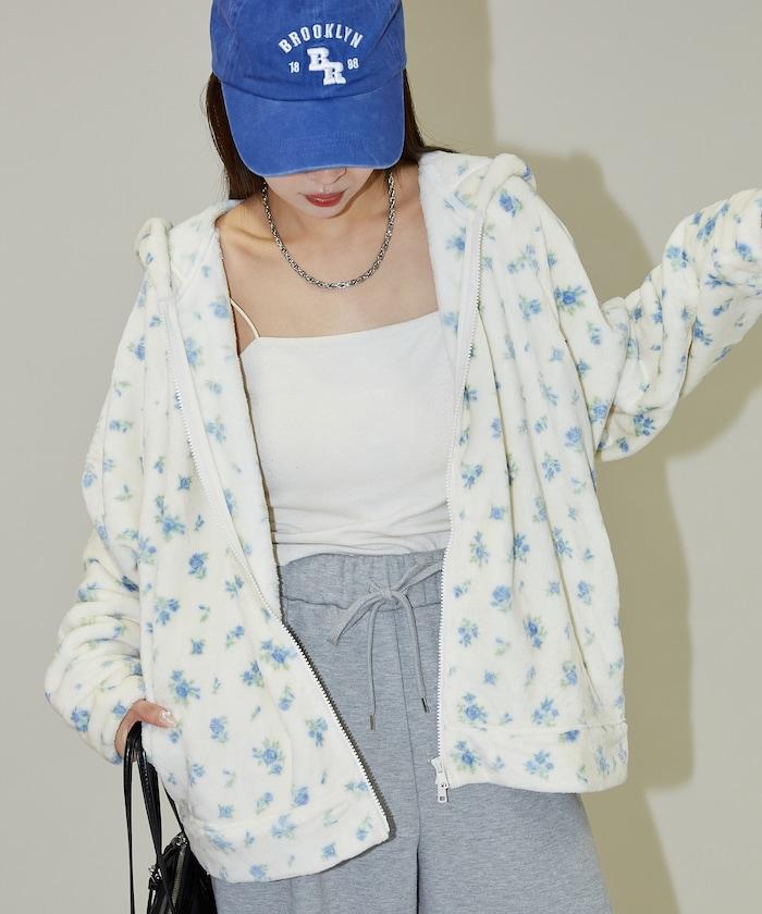 花卉印花抓絨拉鍊開衫