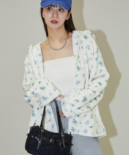 花卉印花抓絨拉鍊開衫