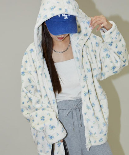 花卉印花抓絨拉鍊開衫