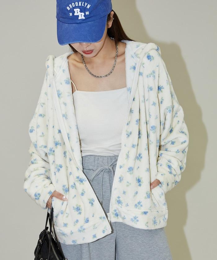 花卉印花抓絨拉鍊開衫