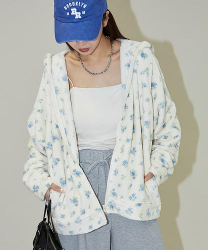 花卉印花抓絨拉鍊開衫