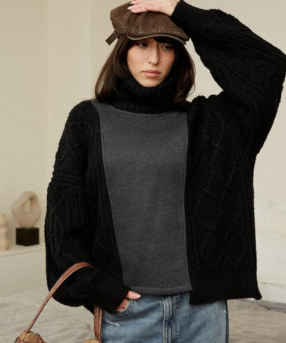 異材質拼接高領針織衫