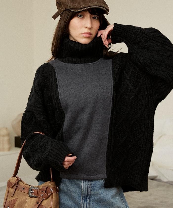 異材質拼接高領針織衫