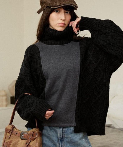 異材質拼接高領針織衫