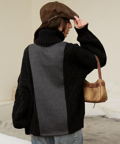 異材質拼接高領針織衫