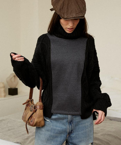異材質拼接高領針織衫
