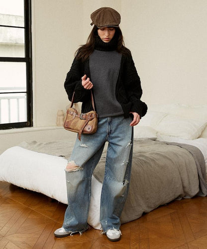 異材質拼接高領針織衫