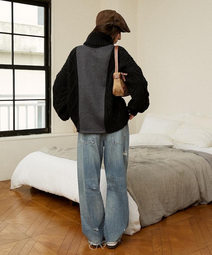 異材質拼接高領針織衫