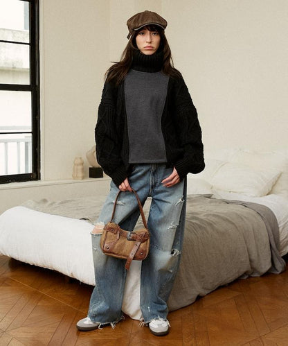 異材質拼接高領針織衫