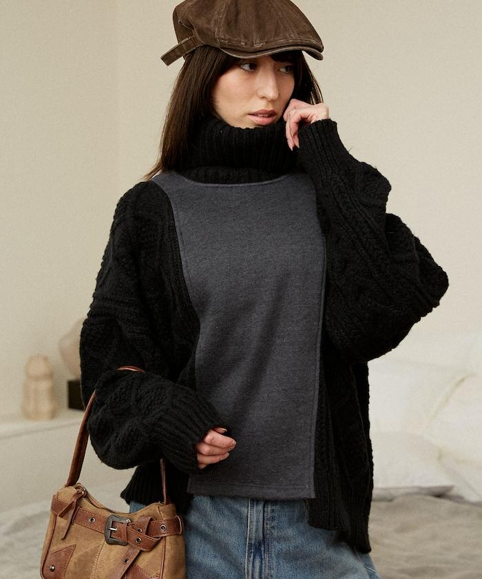 異材質拼接高領針織衫