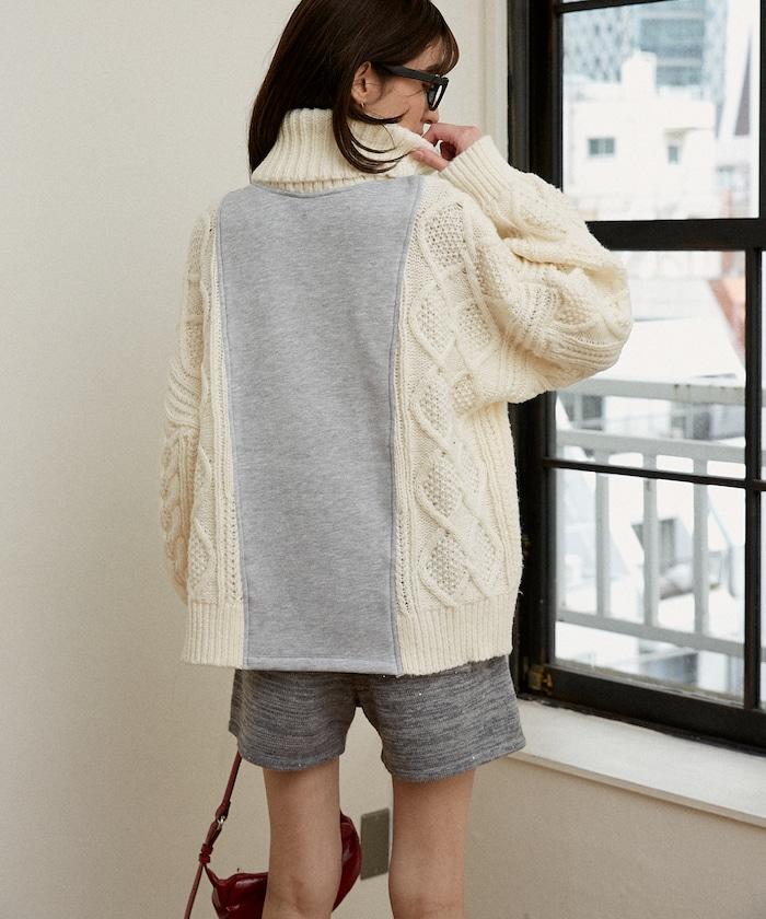 異材質拼接高領針織衫