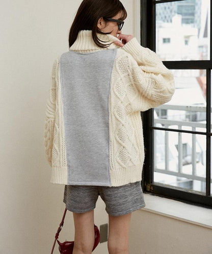 異材質拼接高領針織衫