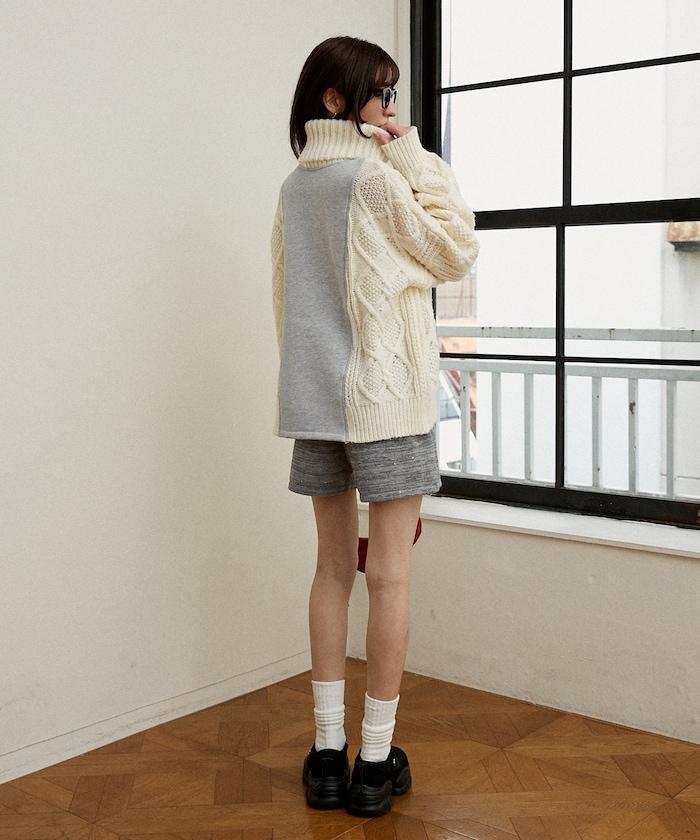 異材質拼接高領針織衫