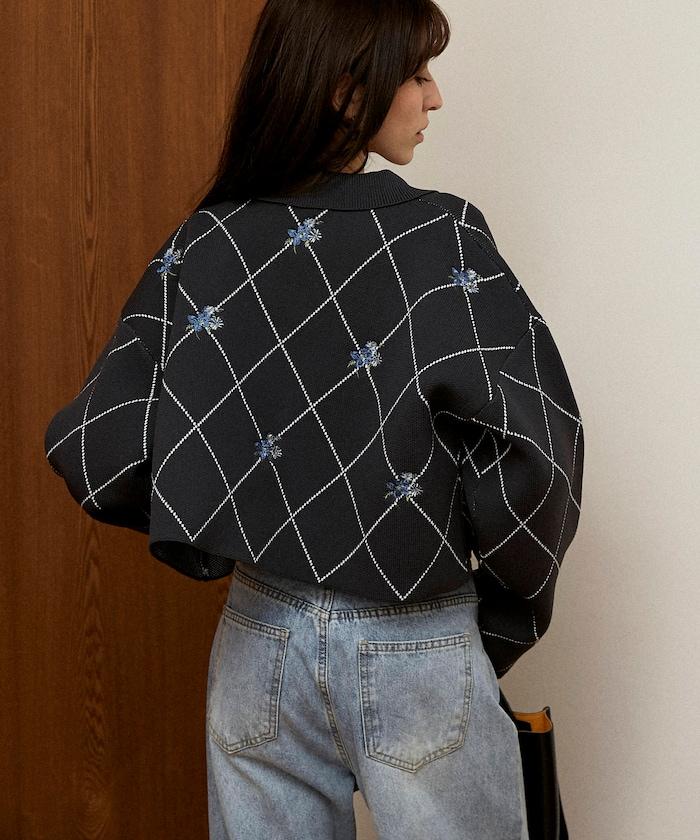 線條鑽石＆花卉刺繡短款開衫