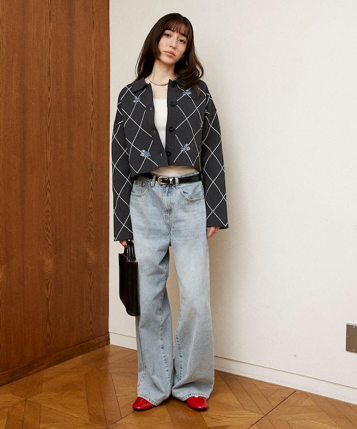 線條鑽石＆花卉刺繡短款開衫