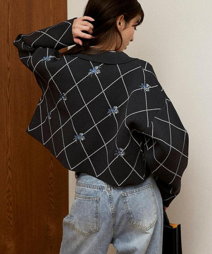 線條鑽石＆花卉刺繡短款開衫