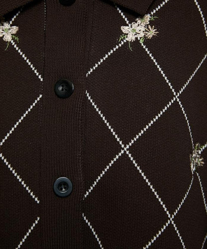 線條鑽石＆花卉刺繡短款開衫