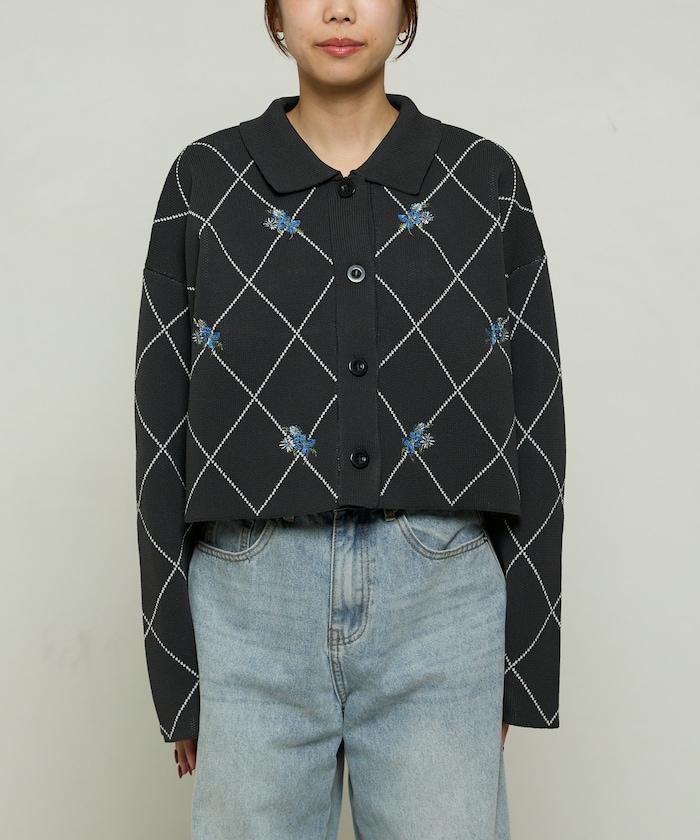 線條鑽石＆花卉刺繡短款開衫