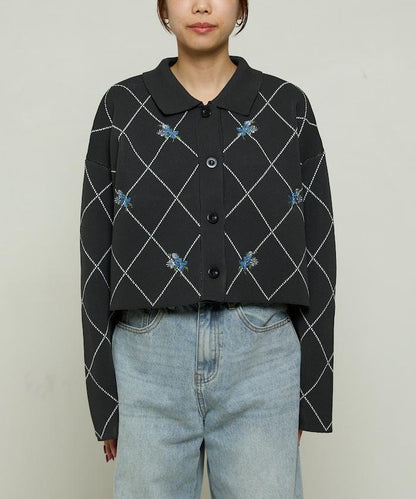 線條鑽石＆花卉刺繡短款開衫